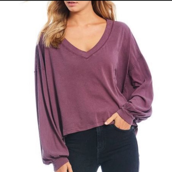 Free People]Cotton Bordeaux Hand dyed Balloon Long sleeve Oversize Crop Top - Picture 6 of 15